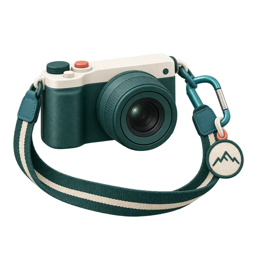 Petrol and cream camera with a striped strap and a tag with a mountain mark