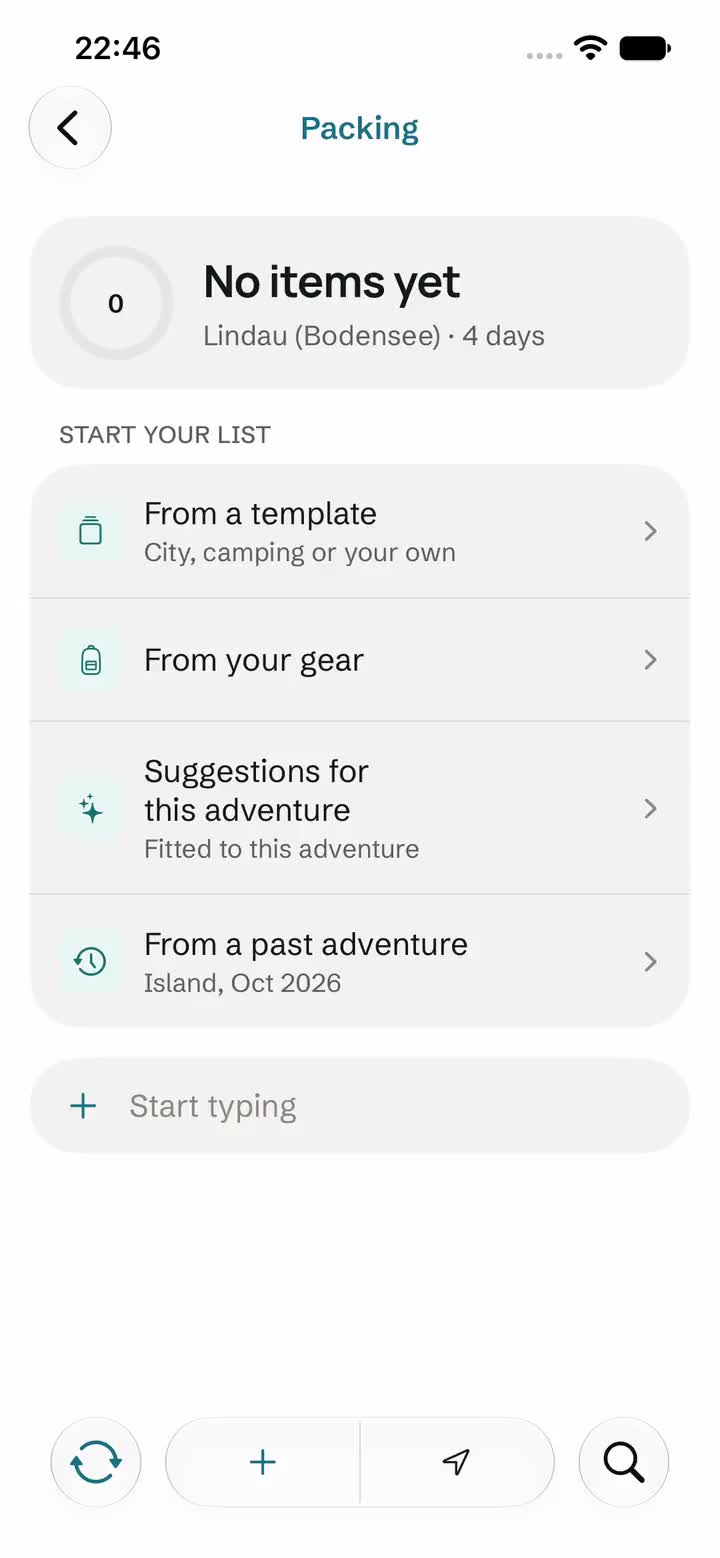 Bildschirm der Locins App: Eine Packliste entsteht aus der Vorlage Camping, drei Dinge werden abgehakt