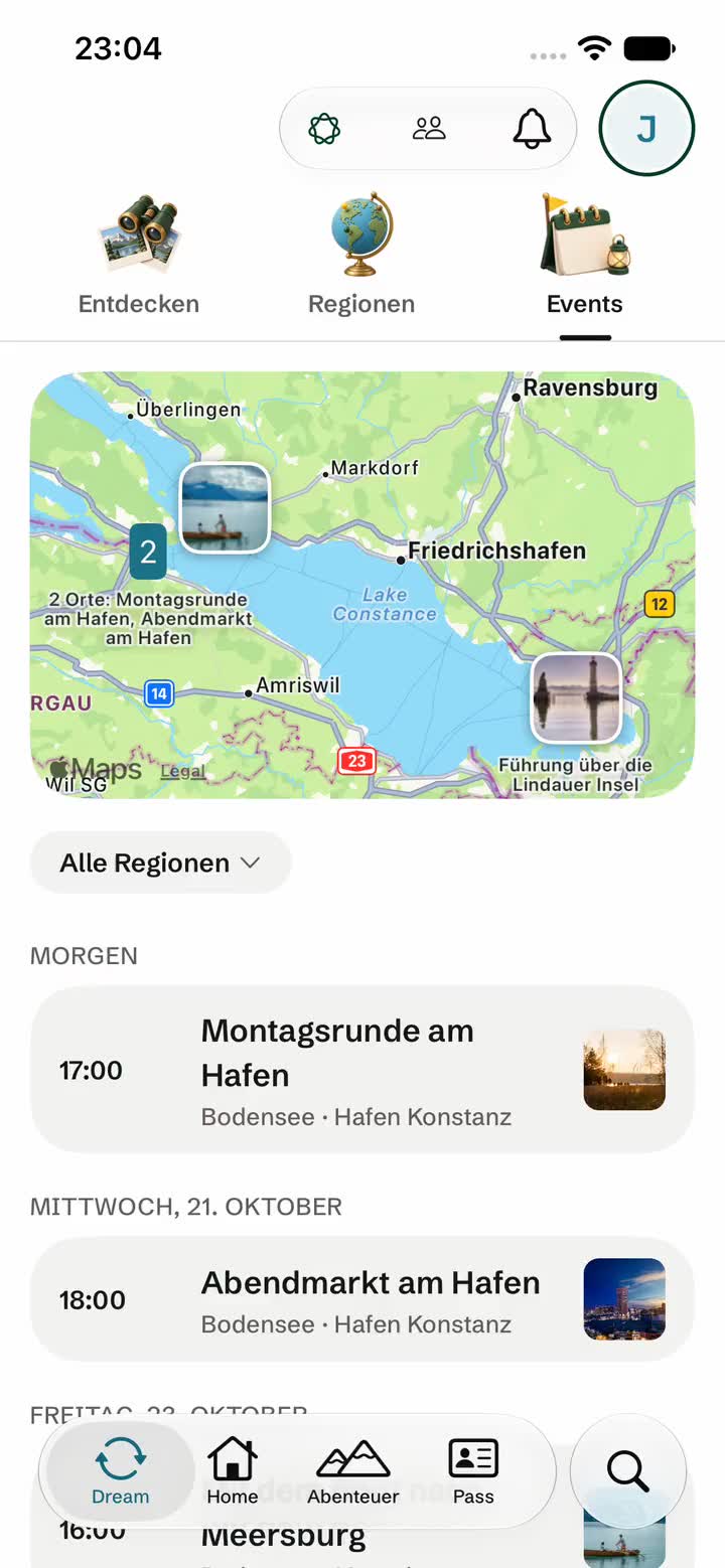 Bildschirm der Locins App: Events nach Tagen mit einer Karte, gefiltert nach einer Region