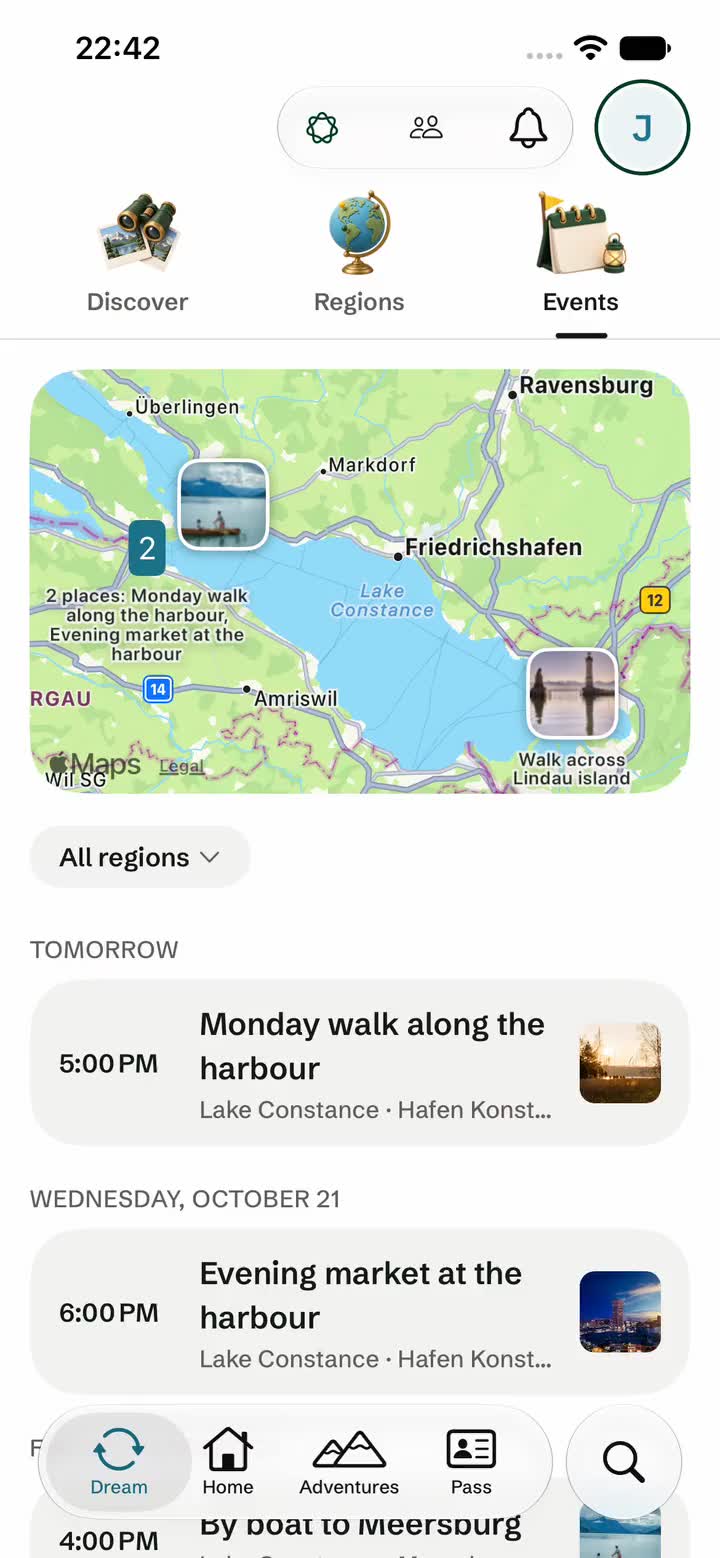 Screen of the Locins App: events by day with a map, filtered by one region