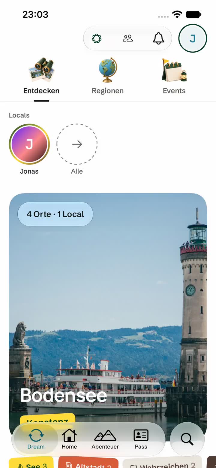 Bildschirm der Locins App: Dream mit den Locals einer Region als Ringe, Themen und dem Tipp der Redaktion