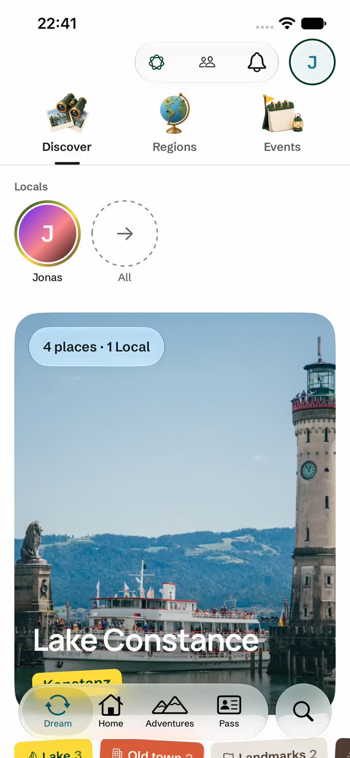 Screen of the Locins App: Dream with the locals of a region as rings, topics and the editors' tip