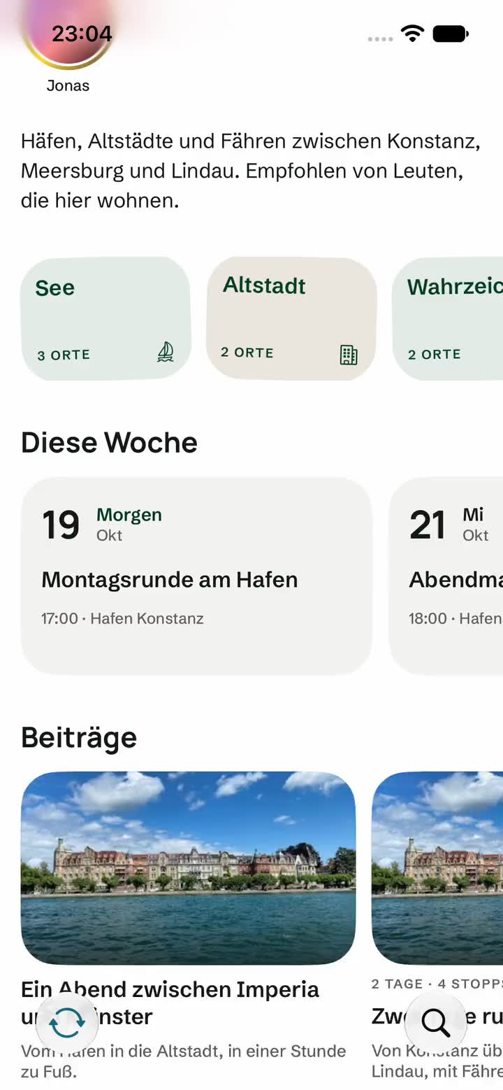 Bildschirm der Locins App: Eine Route mit Tagen und Stopps wird als Abenteuer übernommen