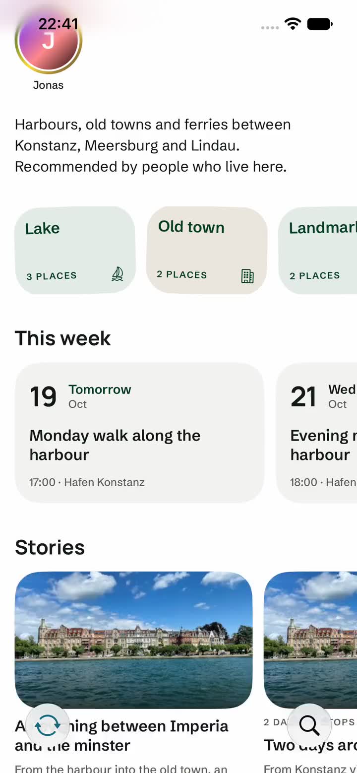Screen of the Locins App: a route with days and stops is taken over as an adventure