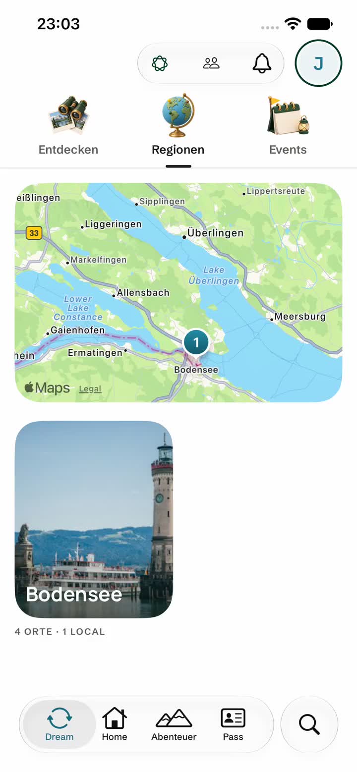 Bildschirm der Locins App: Weltkarte mit Pins der Regionen, darunter Fotokacheln nach Kontinent