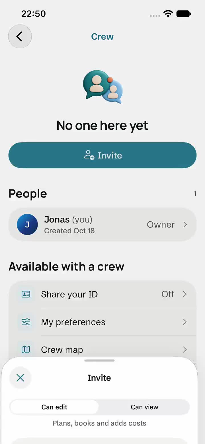 Bildschirm der Locins App: Eine Person wird zur Crew eingeladen und eine Abstimmung zum Wochenende startet