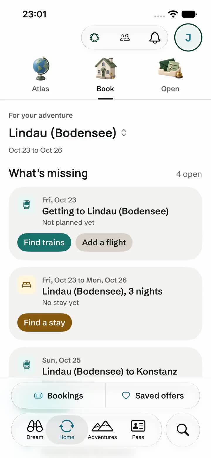 Die Locins App sucht eine Zugverbindung mit Zwischenhalt und Übernachtung in Lindau.