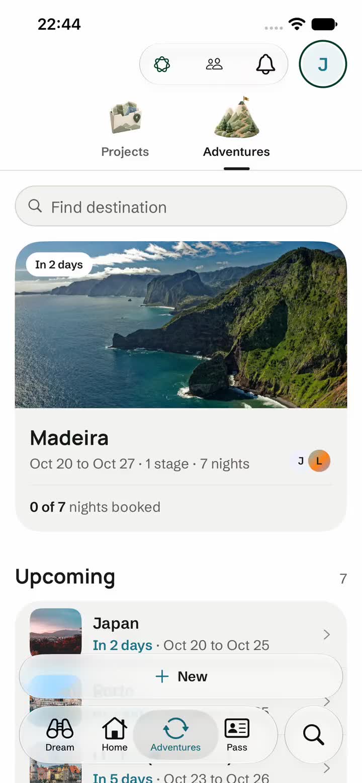 Locins App screen: an adventure to Lindau on Lake Constance is created with place and dates