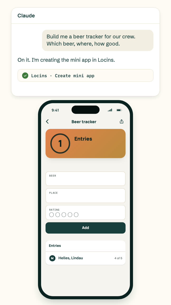 Film: in a chat with Claude a beer tracker is built. It appears as a Kit in the Locins App, gets a first entry and is shared with the crew of an adventure