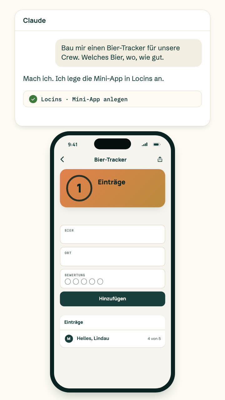 Film: Im Gespräch mit Claude entsteht ein Bier-Tracker. Er erscheint als Kit in der Locins App, bekommt einen ersten Eintrag und wird mit der Crew einer Reise geteilt