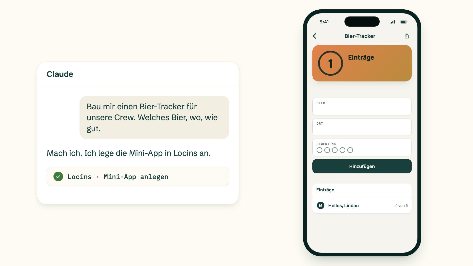 Film: Im Gespräch mit Claude entsteht ein Bier-Tracker. Er erscheint als Kit in der Locins App, bekommt einen ersten Eintrag und wird mit der Crew einer Reise geteilt