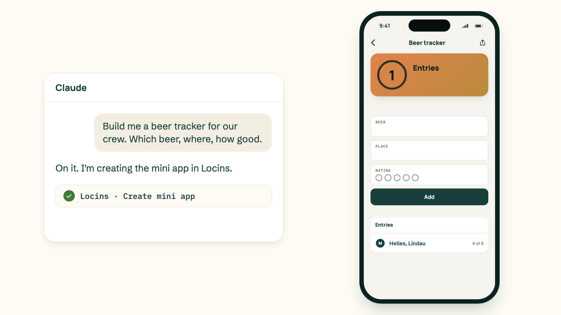 Film: In a chat with Claude a beer tracker is built. It appears as a Kit in the Locins App, gets a first entry and is shared with the crew of an adventure