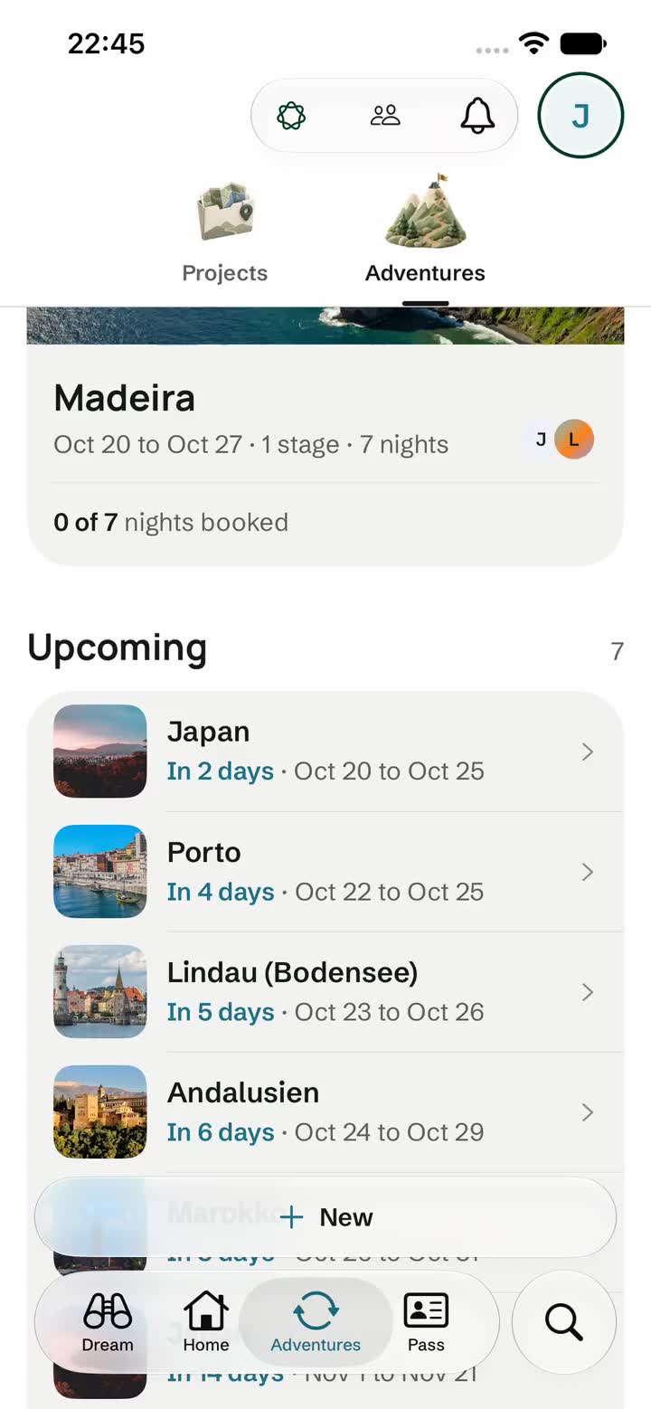 Locins App screen: an adventure with two stages, days and a map