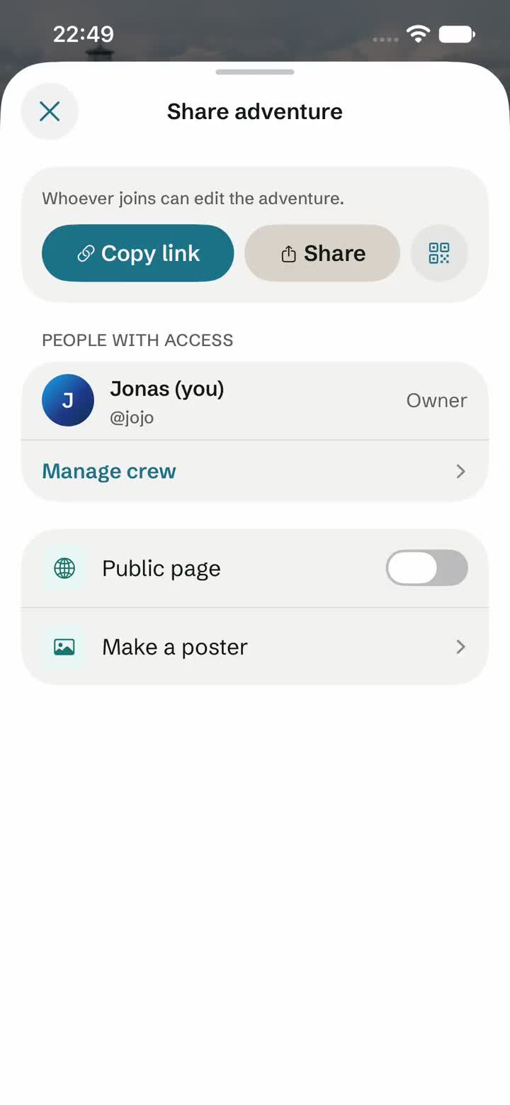 Locins App screen: a route and its stops become a story in boarding pass style