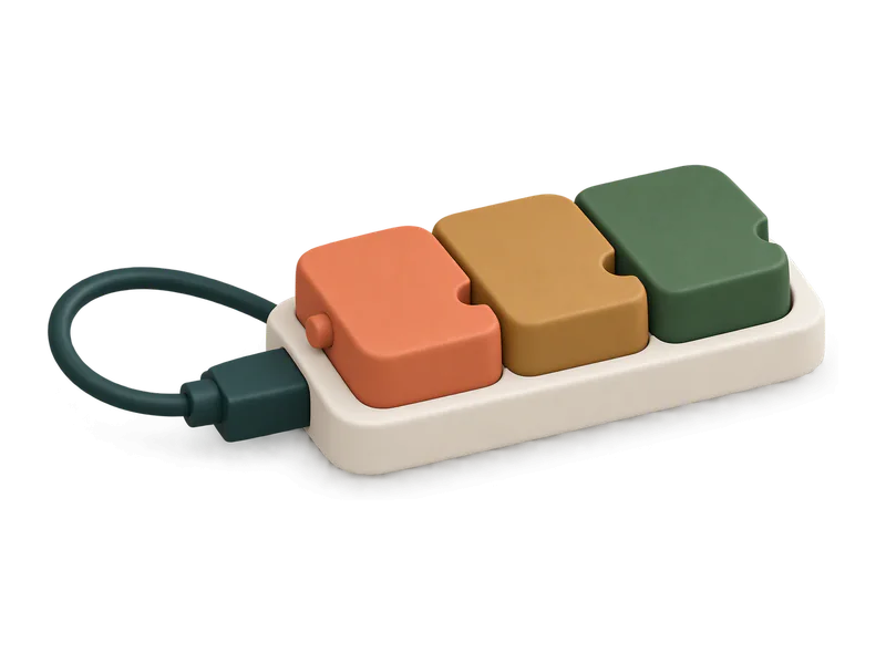 A plug clicks into a plate with three building blocks