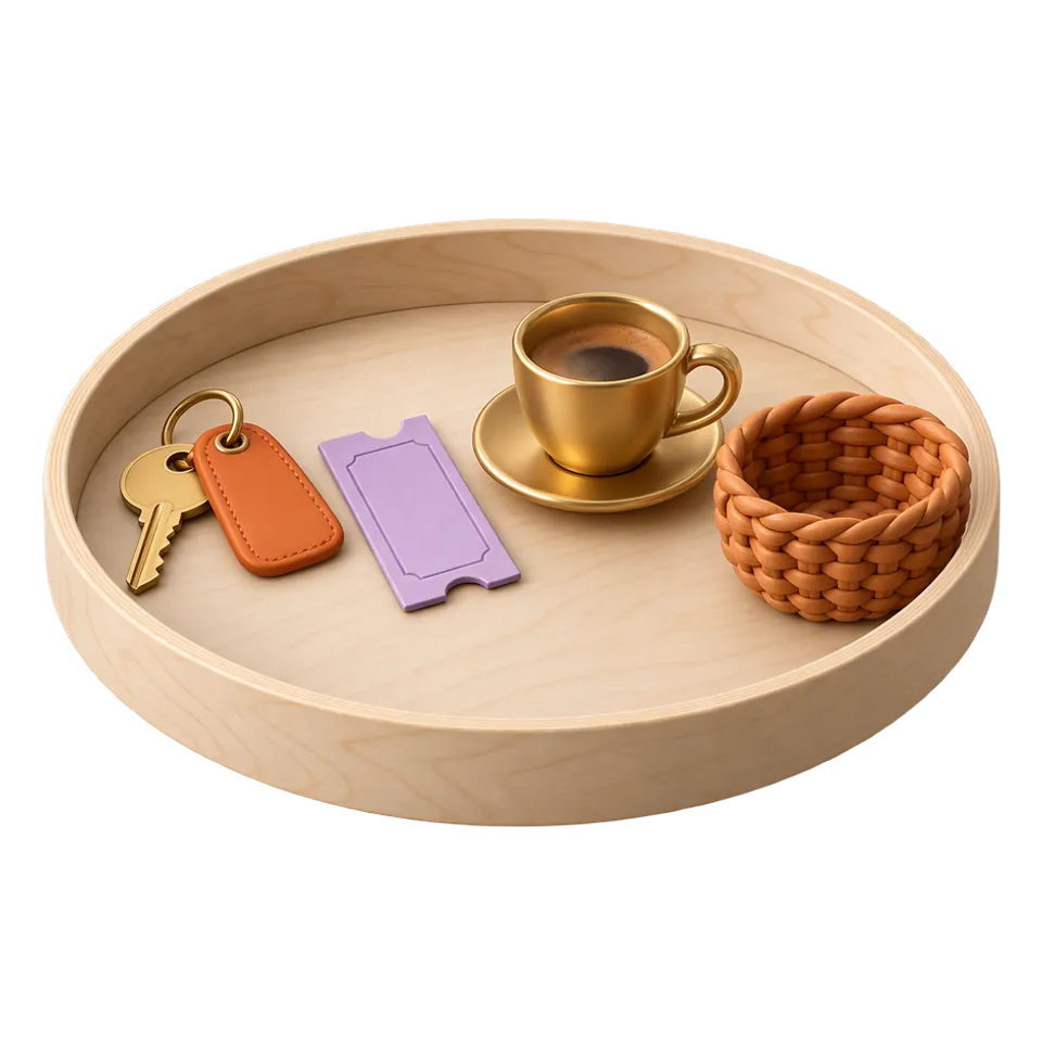 3D-Bild: eine Holzschale mit Schlüssel, Ticket, Tasse und Korb
