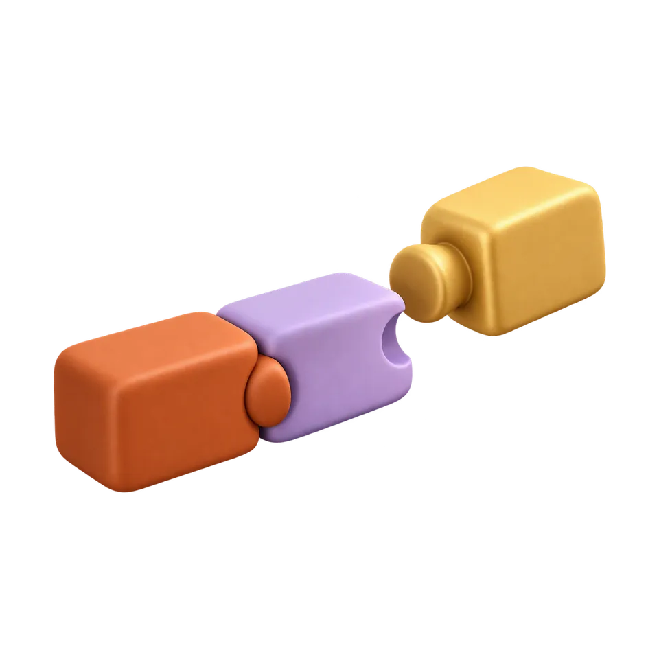 3D-Bild: drei abgerundete Bausteine mit Nase und Kerbe in Orange, Lila und Gold, zwei schon verbunden