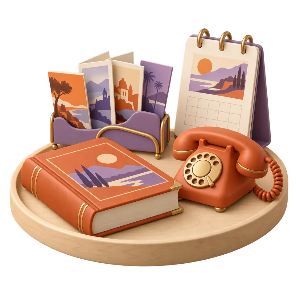 3D-Bild: ein Reiseführer, ein Ständer mit Prospekten, ein Wählscheibentelefon und ein Wandkalender auf einem Holztablett