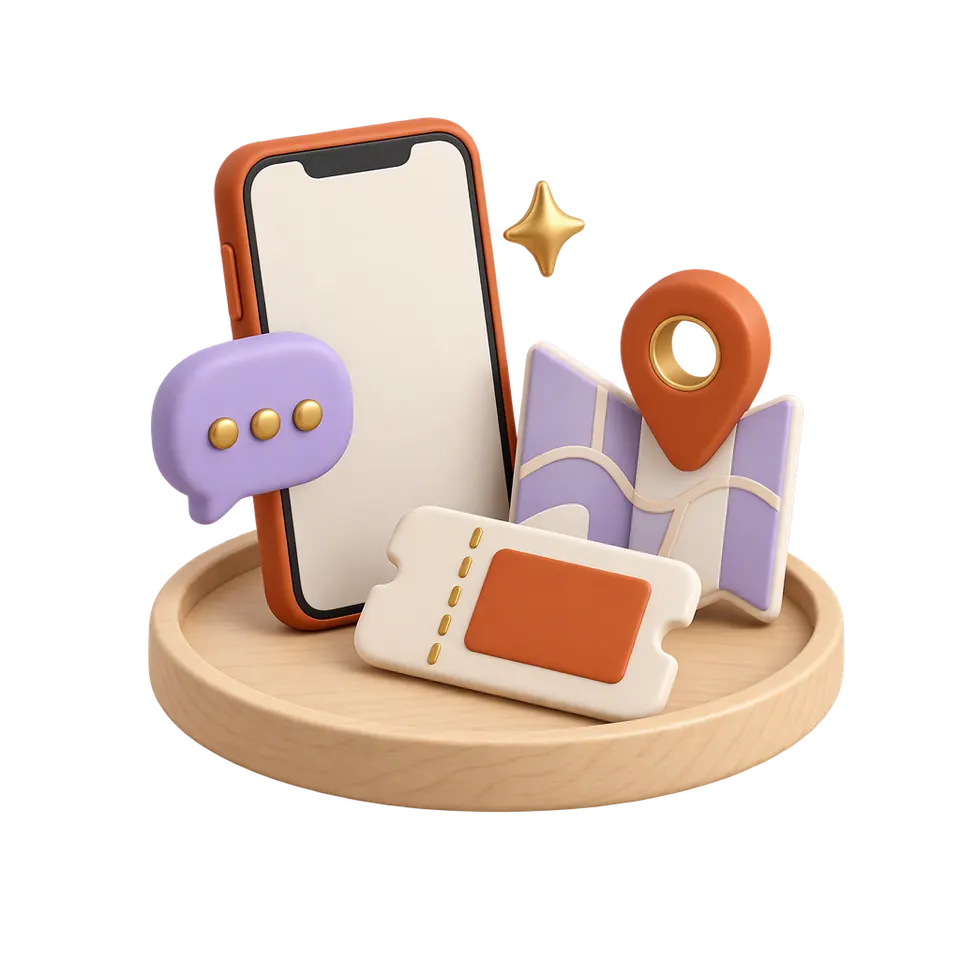 3D-Bild: ein Handy, eine Sprechblase mit Stern, eine Karte mit Ortsmarke und ein Ticket auf einem Holztablett