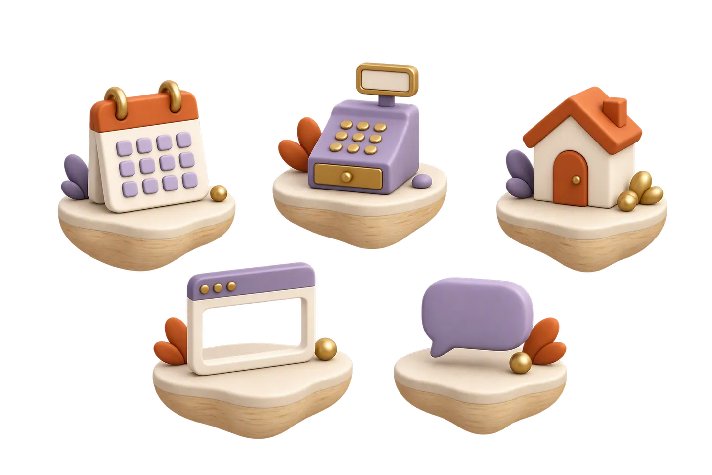 3D-Bild: fünf getrennte Inseln mit Kalender, Kasse, Haus, Browserfenster und Sprechblase