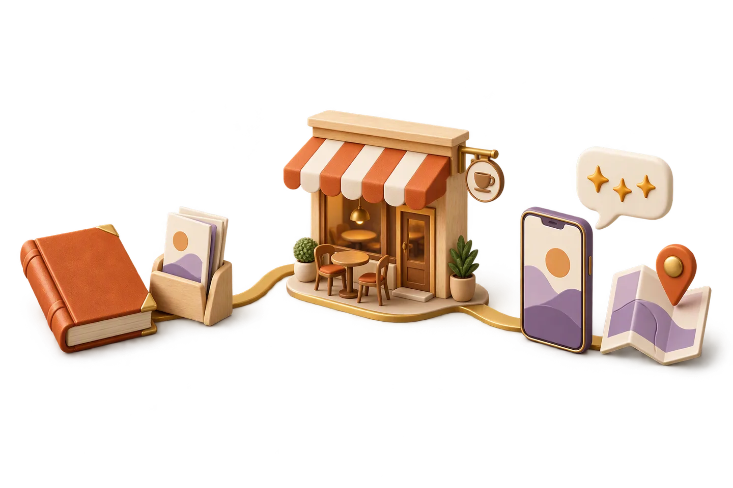 3D-Bild: links ein Reiseführer und ein Ständer mit Prospekten, in der Mitte ein kleines Café, rechts ein Handy, eine Sprechblase und eine Karte mit Ortsmarke, verbunden durch eine goldene Bahn