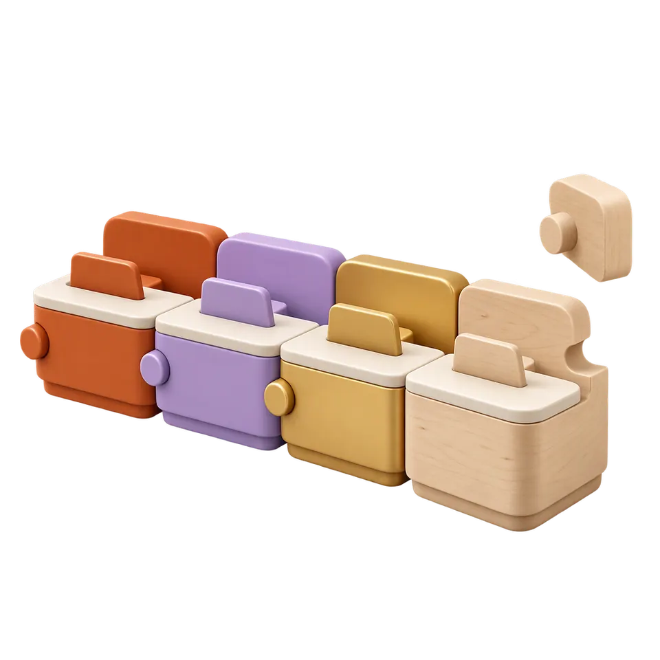 3D-Bild: eine Reihe Schalter aus Bausteinen mit Nase und Kerbe in Orange, Lila und Gold, ein Baustein schwebt heran