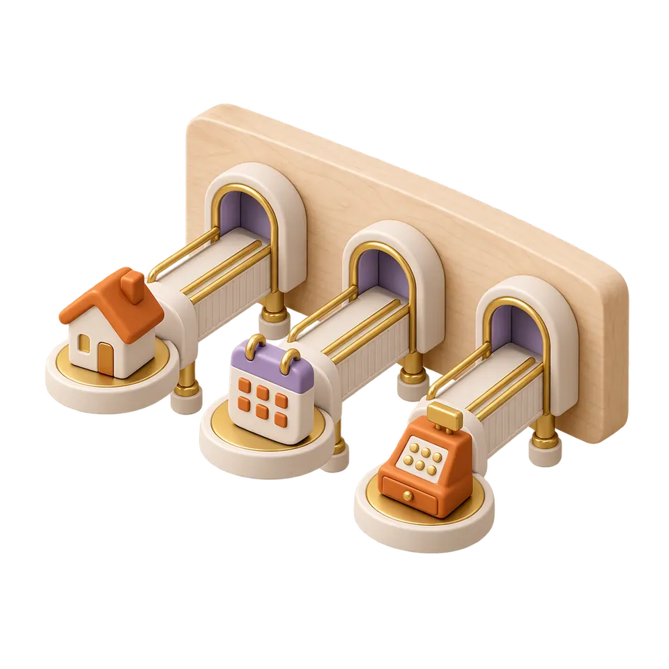 3D-Bild: drei Fluggastbrücken aus einer Holzwand, an ihren Enden ein Haus, ein Kalender und eine Kasse