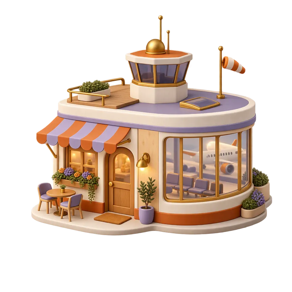 3D-Bild: ein kleines Terminalgebäude mit Café-Front, Markise, Holztür und einem Turm auf dem Dach