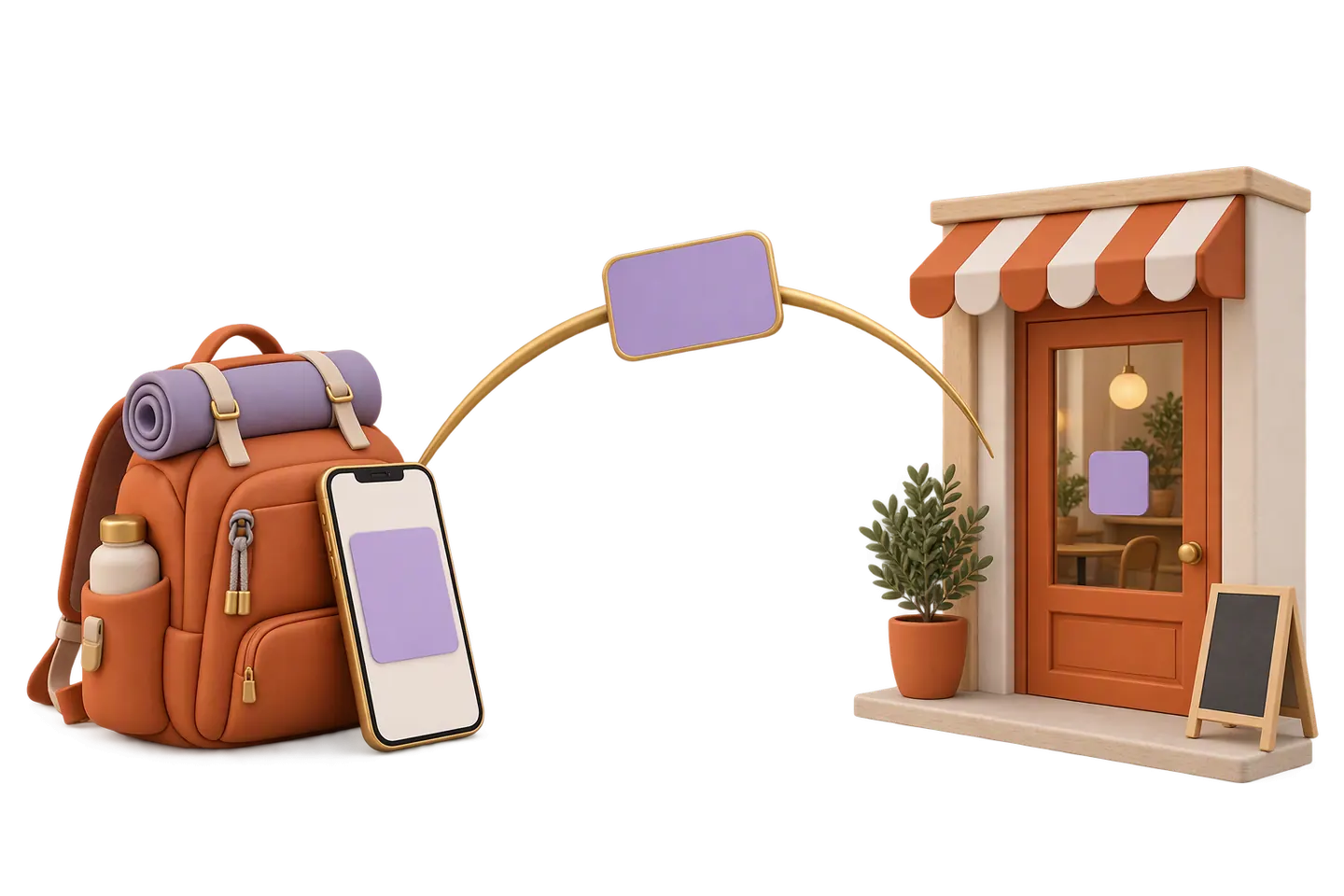3D-Bild: links ein Rucksack mit Handy, darauf ein Pass, rechts eine Café-Tür mit Sticker, dazwischen ein goldener Bogen mit dem Pass in der Mitte