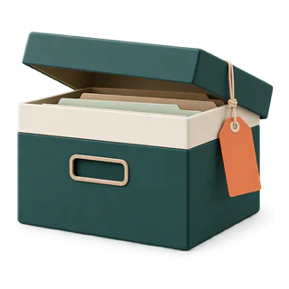 Kleine Archivbox mit halb offenem Deckel und Anhänger