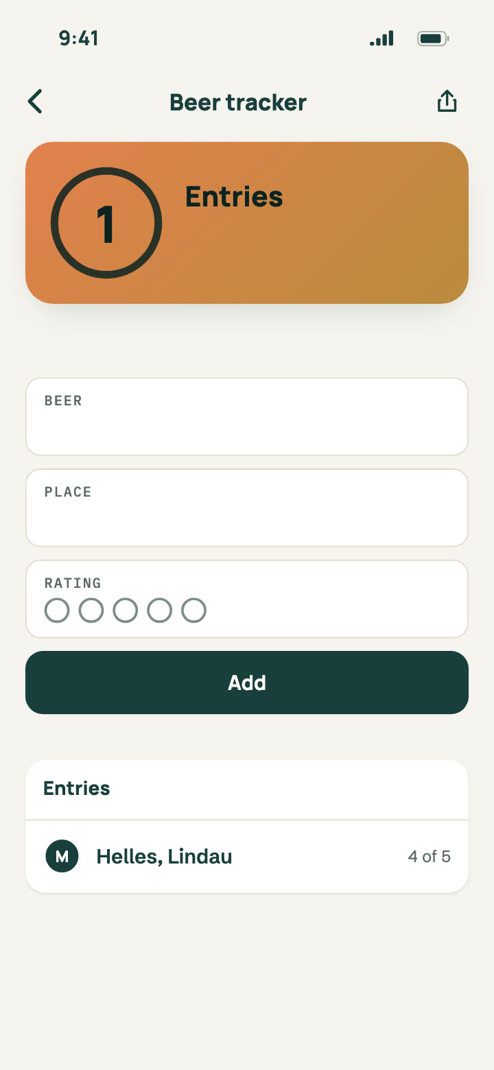 Locins App screen: a beer tracker appears as a Kit in the Locins Pass, gets an entry and is shared with friends