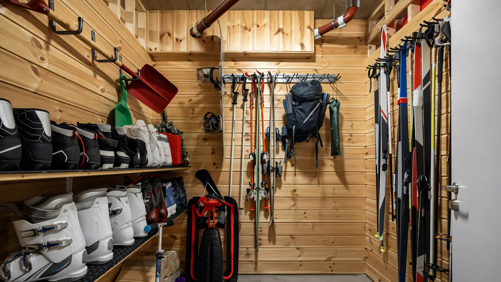 Skiraum aus Holz mit Skischuhen im Regal, Ski und Stöcken an der Wand und einem Rucksack am Haken