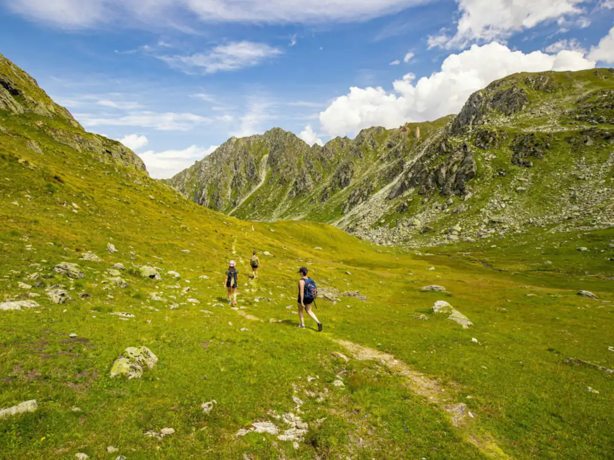 Kleine Wandergruppe von hinten auf einem Bergpfad am Morgen