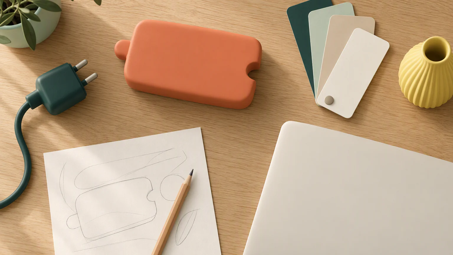 A light wooden table from above with a building block, a plug, a colour fan, a yellow vase, a pencil and a laptop