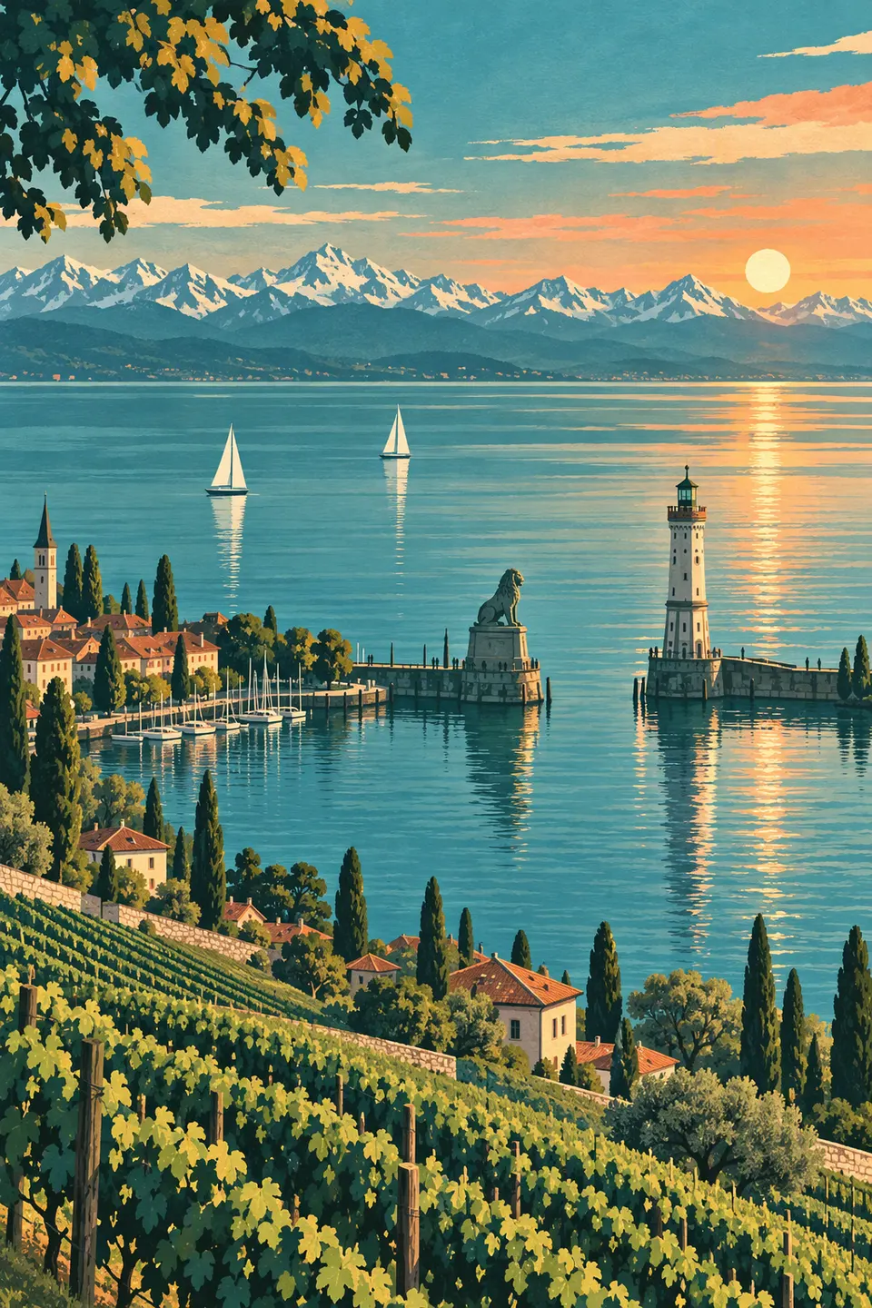 See mit Segelbooten, Hafeneinfahrt mit Leuchtturm und Löwe, davor Weinberge, dahinter die Alpen