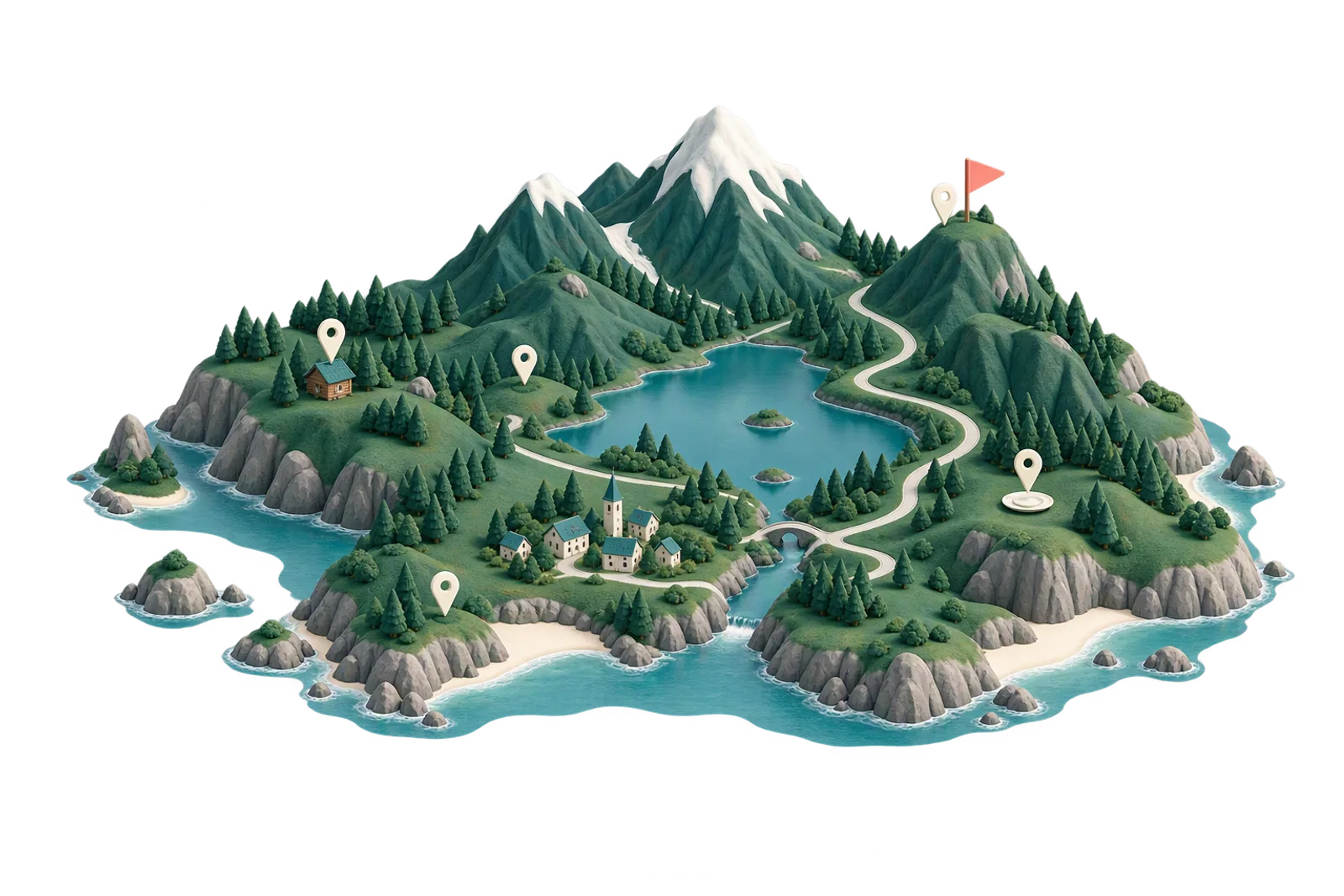 Eine Insel mit See, Bergen, Wald und einem Dorf, darauf grüne Stecknadeln, darüber eine schützende Kuppel