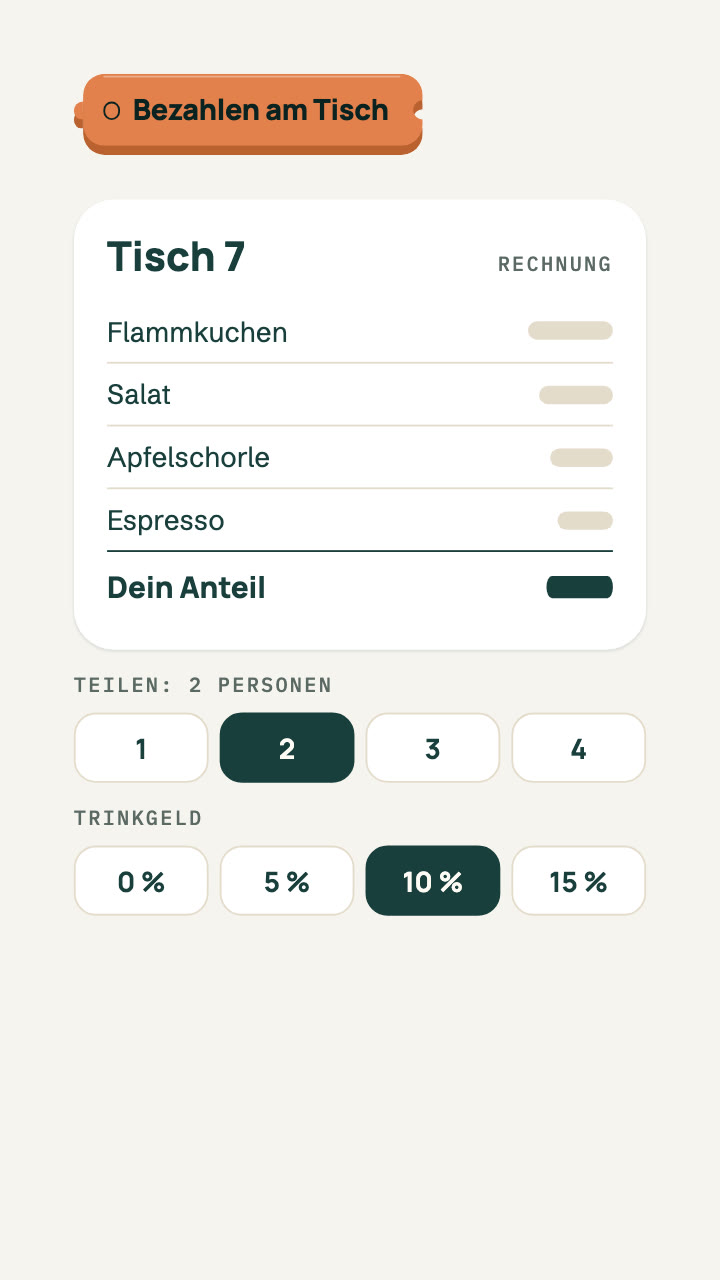 Bezahlen am Tisch im Handy: Code scannen, Rechnung teilen, Trinkgeld, Zahlung bestätigt