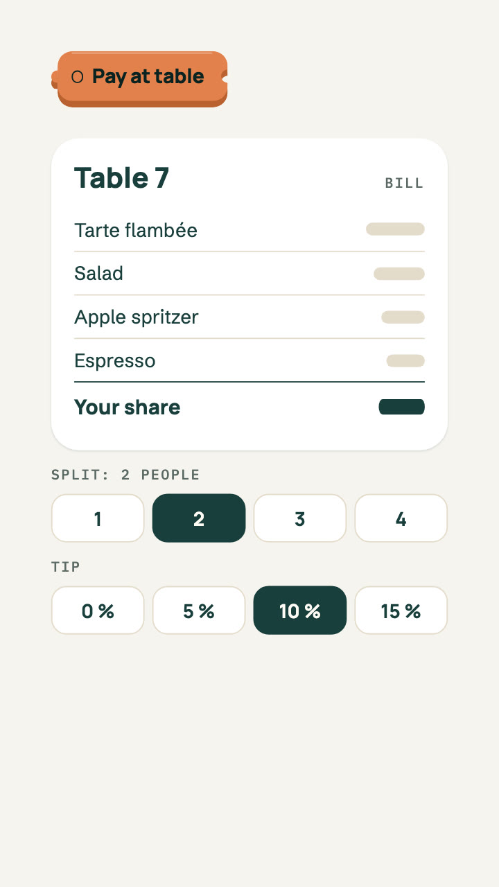 Paying at the table on a phone: scan the code, split the bill, add a tip, payment confirmed