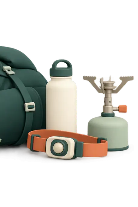 Offener Rucksack mit Trinkflasche, Stirnlampe und Kocher