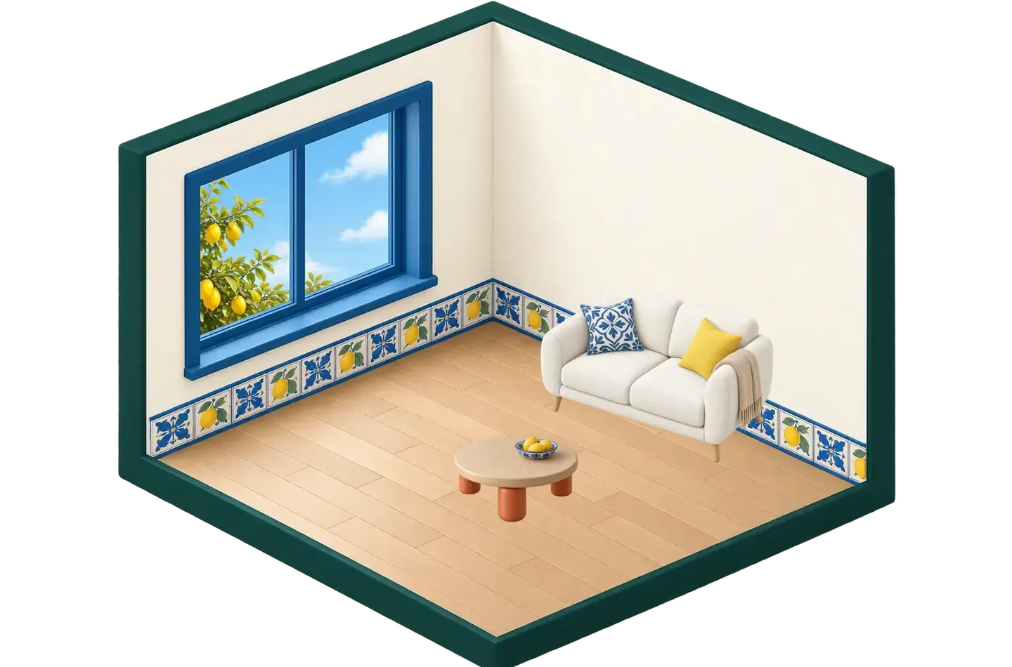 Ein Zimmer als Modell: helles Sofa, runder Tisch, ein Fliesenband in Majolika-Blau, vor dem Fenster ein Zitronenbaum