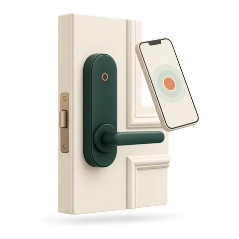 Ein Handy wird an ein schlichtes digitales Türschloss gehalten
